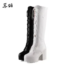 Женская обувь; женские мотоциклетные сапоги до колена; модная женская обувь на толстой платформе с круглым носком и перекрестной шнуровкой; большие размеры