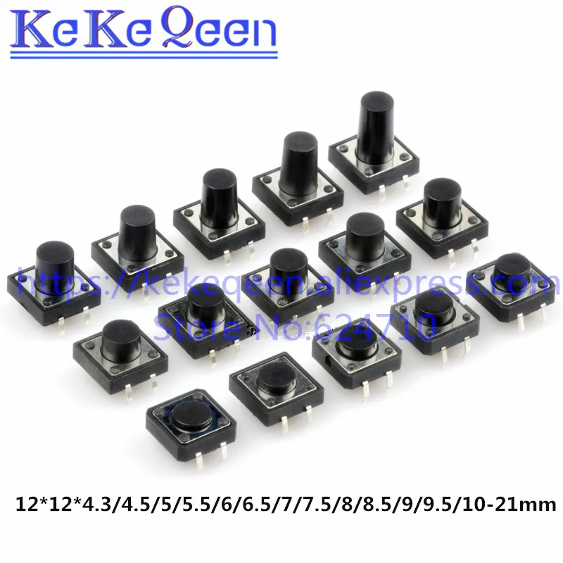 

100Pcs 12*12*4.3/4.5/5/5.5/6/6.5/7/7.5/8/8.5/9/9.5/10mm Through Hole Micro Push Button Tact Momentary Switch 12x12 mm DIP-4 4PIN