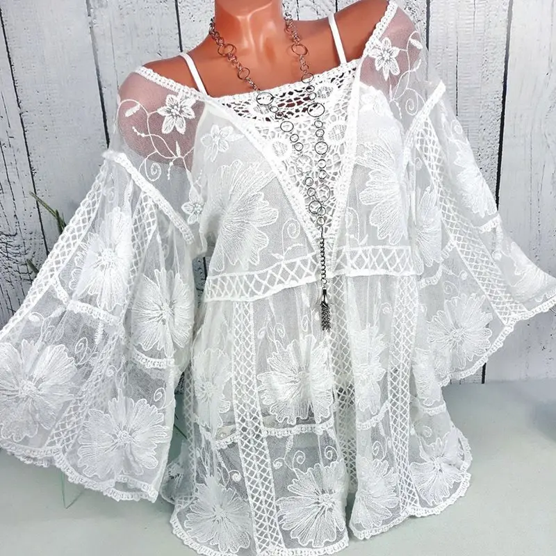 

Sweet Boho Elegant Sexy Travel Beach OL Women Long Blouses Casual Loose Flare Sleeve Mesh Hollow Embroidery Female Top Shirts