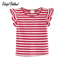 Sailor стиль обувь для девочек рубашка лето синий/красно-белые полоски оборками кружево короткий рукав малышей Блузка Топы корректирующие детская