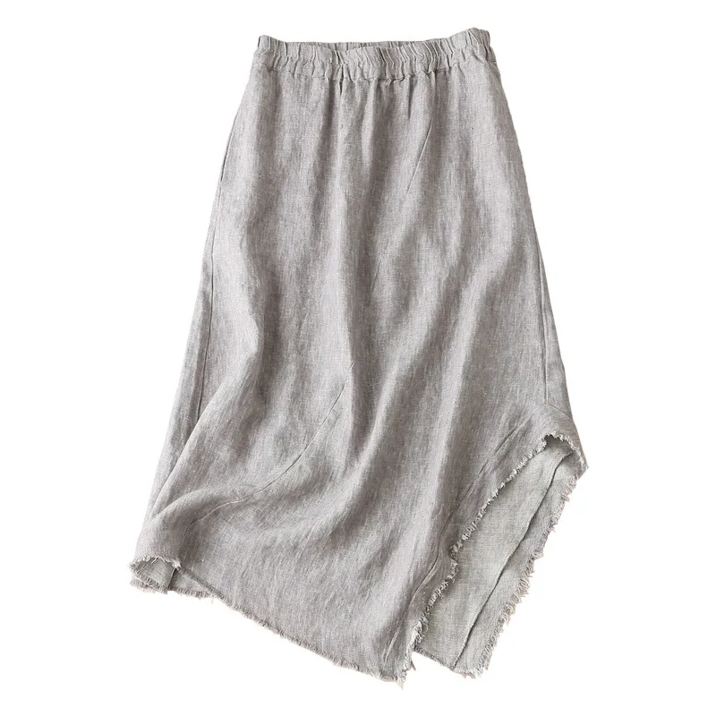 

Flax Skirt Woman Summer Irregular Leisure Time Long Crotch Pure Linen Skirt Long Loose Midi Plus Size Elastic Waist Summer Skirt