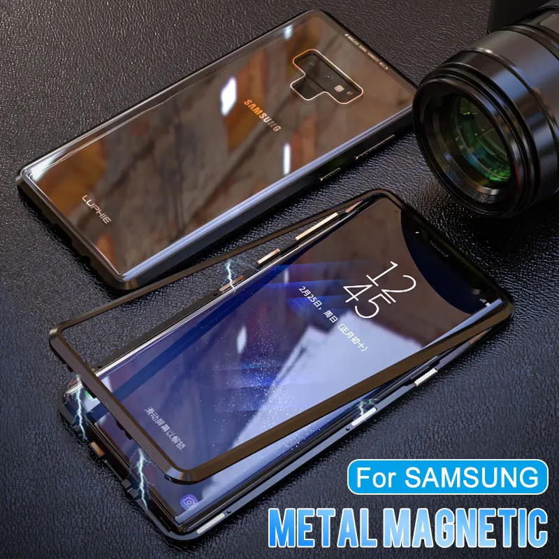 

Magnetic Metal Phone Case On For Samsung Galaxy Note 9 8 Tempered Glass Back Cover For Samsung S9 S8 S10 E Plus Magnet Case Bag