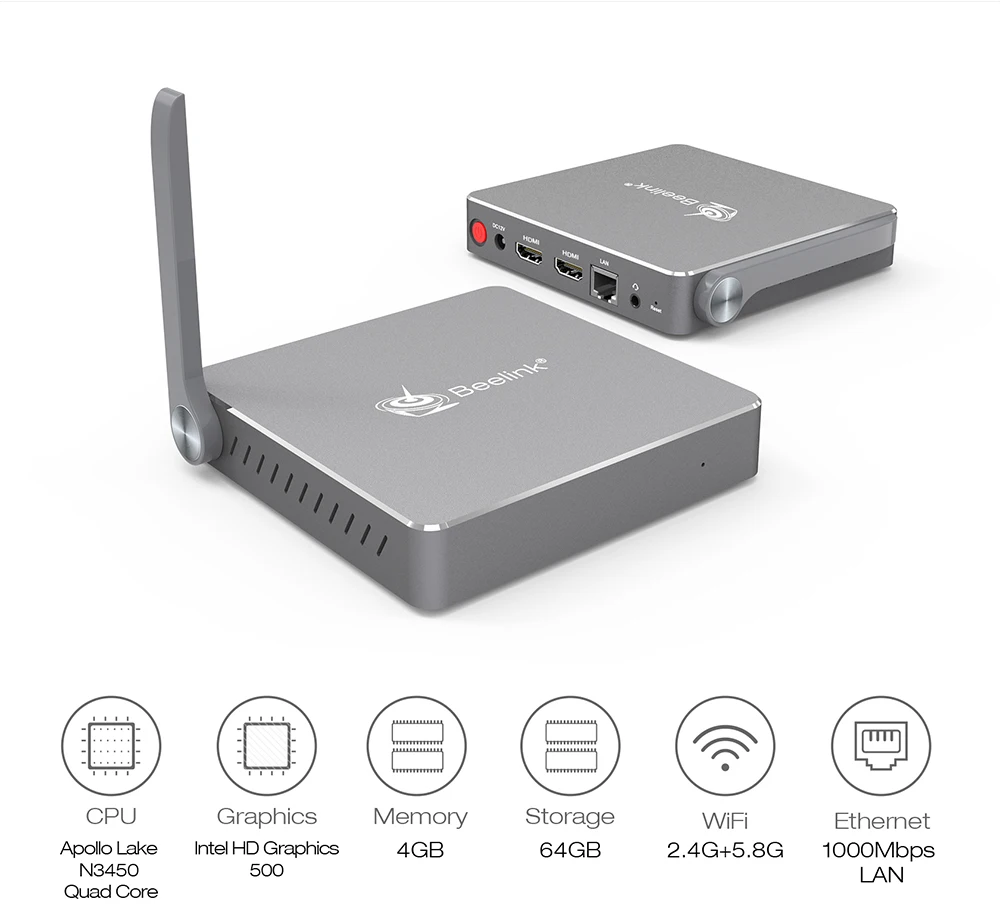 

Beelink AP34 Pro Mini PC Intel Apollo Lake N3450 4+64GB 2.4G + 5.8G WiFi 1000Mbps 4 x USB3.0 Dual HDMI BT4.0 Set-top BX