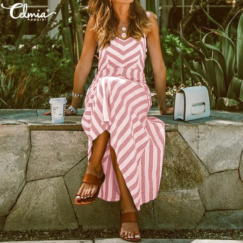 

Celmia Plus Size Summer Stripe Dress Women Sexy Straps Sleeveless Maxi Long Dresses Belted Casual Slim Asymmetric Party Vestidos