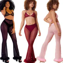 Женские узкие Высокая Талия прозрачные расклешенные пышные длинные штаны брюки в сеточку UK6-14