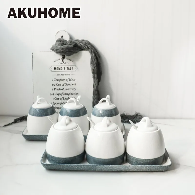 

Ceramic Spice Jar Set With Spoon And Cover Simple And Creative Salt Jar European Kitchen Supplies AKUHOME