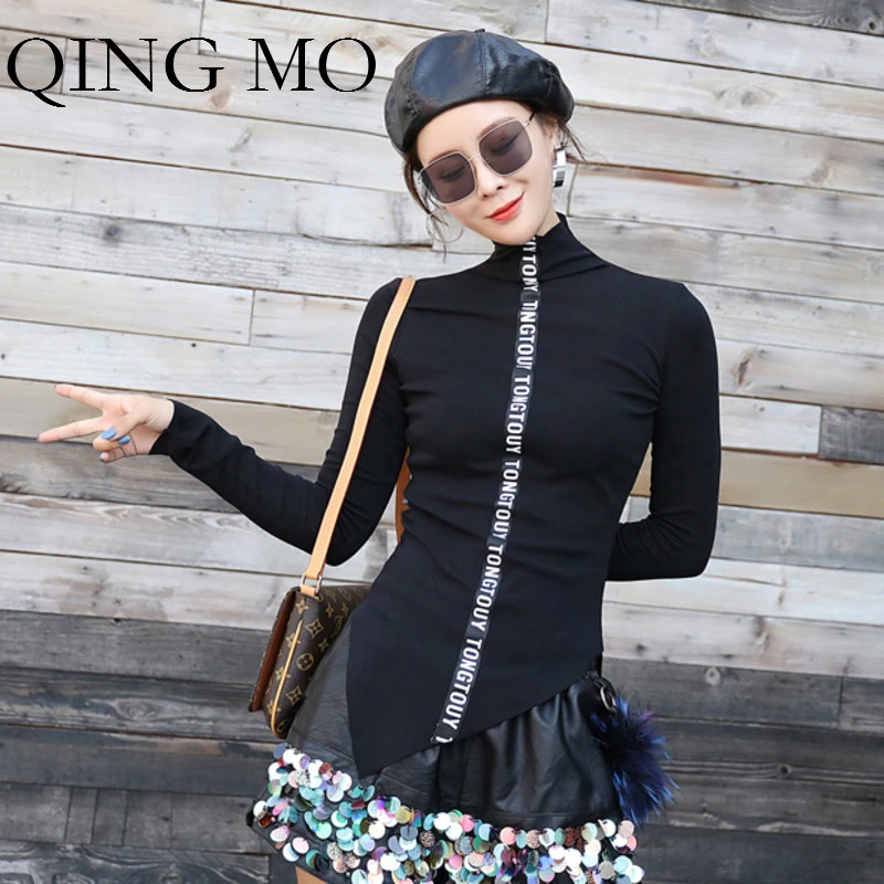 QING MO Женская Облегающая водолазка с длинным рукавом рубашка 2018 Осенняя