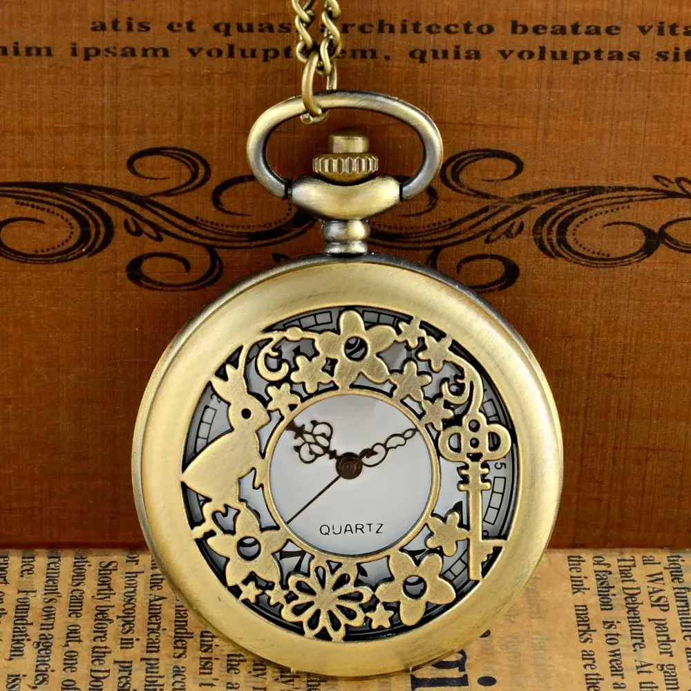 

Retro Bronze Alice in Wonderland Hollow Quartz Pocket Watch Chains Antique Men Pendant Necklace Clock Gift
