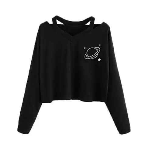 

Ladies Casual V-neck Black Sweatshirt Pullover Tops Women Casual Autumn Long Sleeve Hoodies