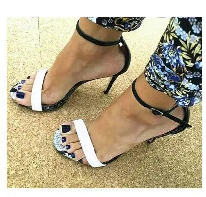 

2019 Fashion Python Leather Women Open Toe Sandals Black Leather Straps Ladies Sexy 11cm High Heels Hot Party Stiletto Size 40