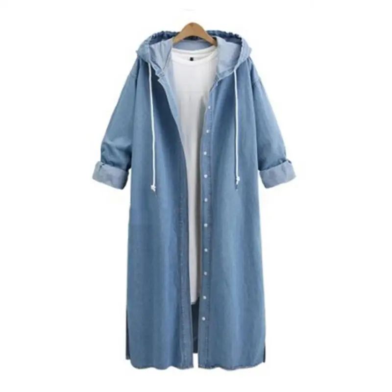 

Women's Hooded Long Sleeved Denim Jacket Female Single-Breasted Mid-Length Jacket Coat Dust Coat Light Blue Dark Blue Cotton