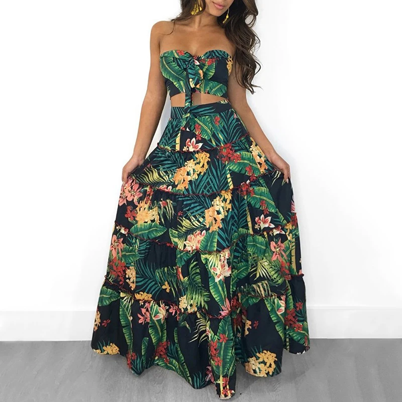 

Sexy Two Piece Set Women Boho New Crop Top Long Skirt Floral Printed Bandeau Casual Strapless Bandage Ruffles High Waist Suit
