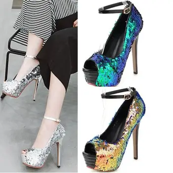 

Large size woman high heel platform peep toe pumps 14CM heel Sequin platform pumps bling bling Fish scales high platform pumps