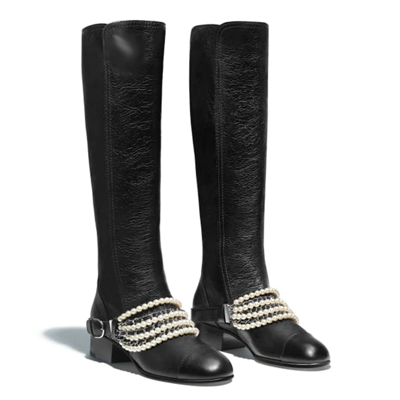 

Genuine Leather Winter Boots Women Metal Chain Beads Lady High Boot 4.5 Cm Heel Women Winter Boots Luxury Shoes Women Designers