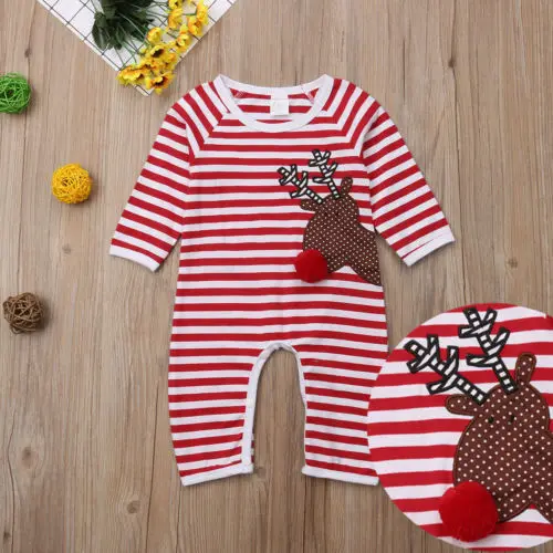 

Christmas Newborn Baby Boy Girl Clothes Romper Deer Long Sleeve Striped One-Pieces Sunsuit Clothes