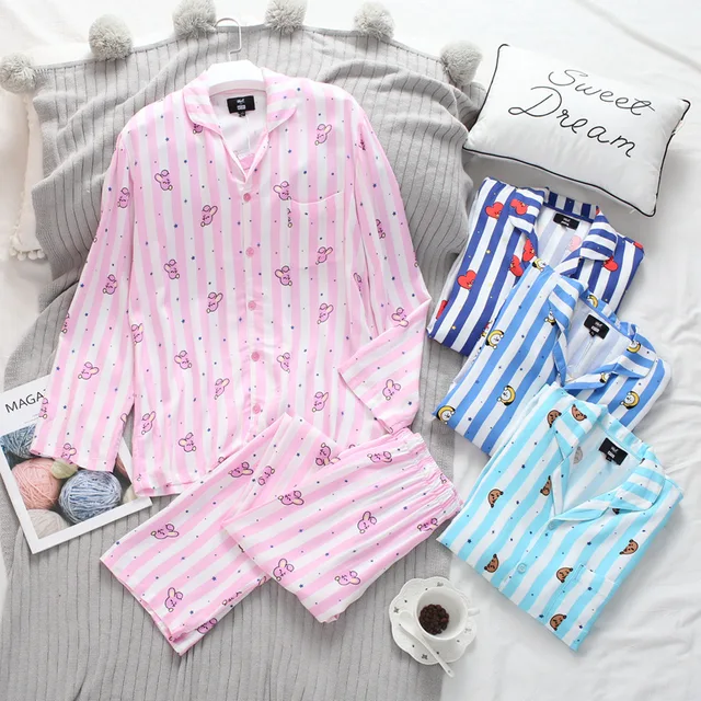 BT21 Nightwear BTS Bangtan Boys Cartoon Version V Jimin Same Harajuku Pajamas Long Sleeve Shirt Nighty Men Women Bedgown 8Colors