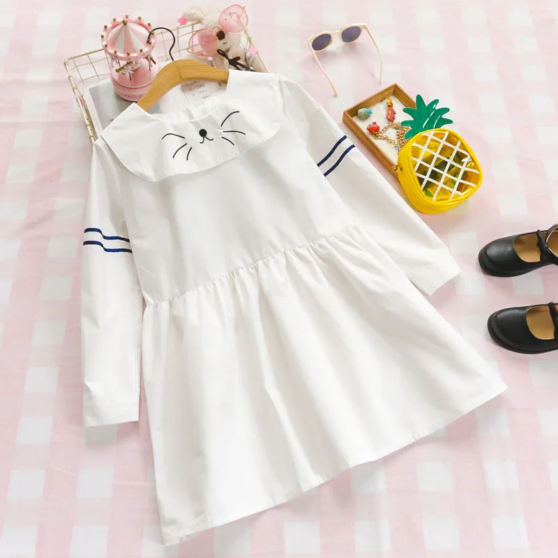 

Mori Girls Kawaii Dress 2019 Spring Holiday Vacation Peter Pan Collar Women Dresses Cute Cat Preppy Style Harajuku Lolita Dress