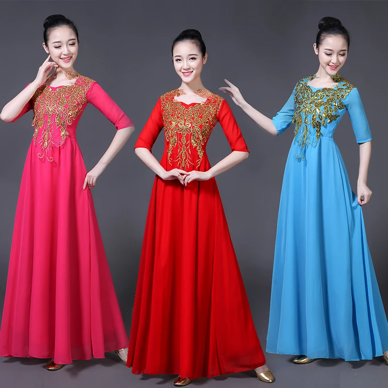 Китайский Hanfu хор представление Платье Женская юбка взрослый современный танец хост среднего возраста и пожилых выступлений платья
