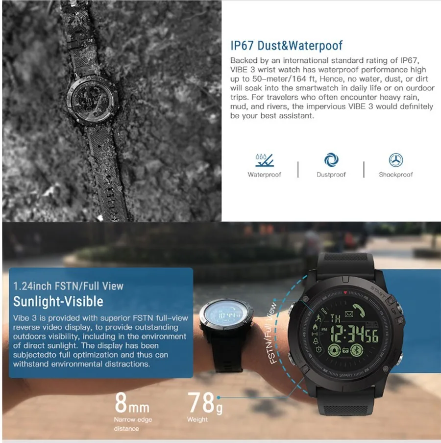 M-juniu New Zeblaze VIBE 3 HR Smartwatch IP67 Waterproof Wearable Device Heart Rate Monitor IPS Color Display Sport Smart Watch