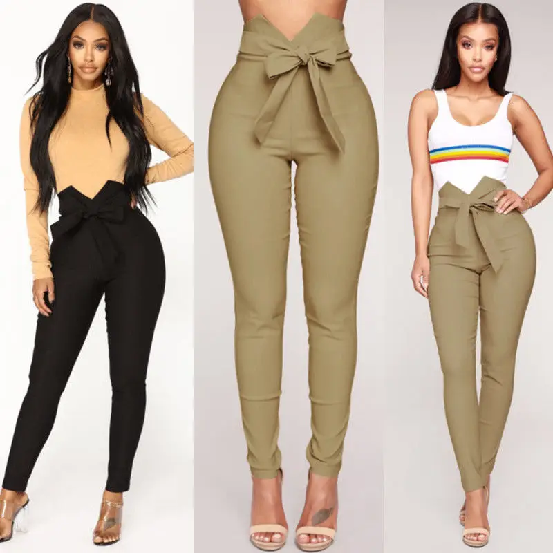 

2019 Fashion Women's High Waist Casual Drawstring Elastic Long Pants Ladies Pencil Trousers Hot