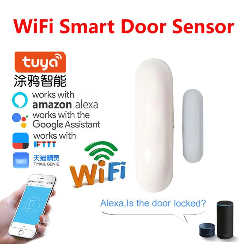 

Tuya Smart Home Door Sensor WiFi App Notification Alerts Battery Operated window door open detector work with IFTTT Alexa Google