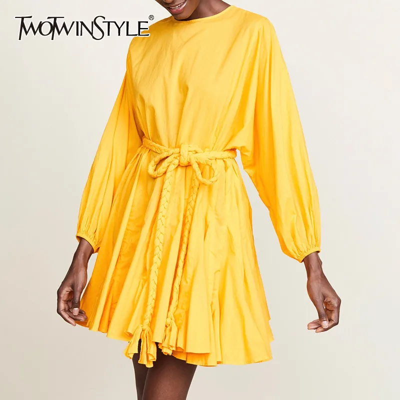 

TWOTWINSTYLE Spring Yellow Dress For Women O Neck Long Sleeve High Waist Lace Up Pleated Dresses Female 2019 Casual Fashion