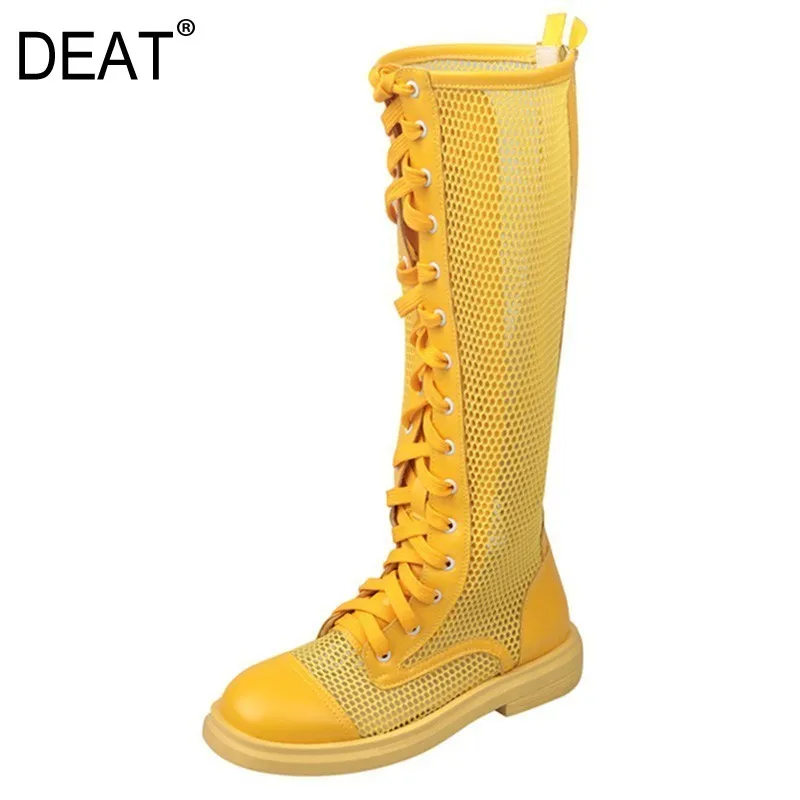 

[DEAT] 2019 New Spring Summer Round Toe Back Zipper Lace-up Mesh Spliced Pu Leather Single Women Long Boots Fashion Tide10SJ443