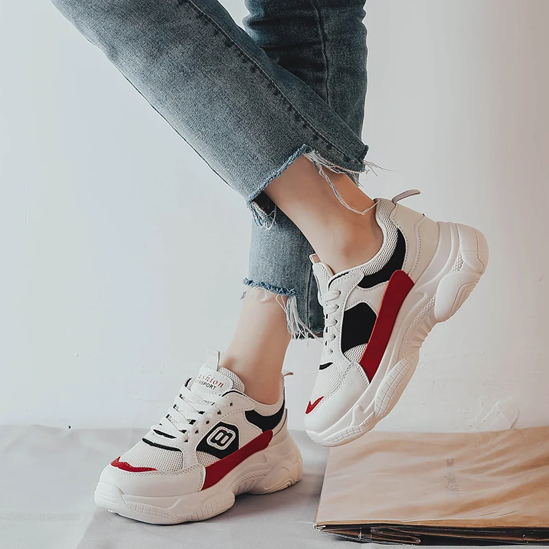 

2019 spring Vulcanize Female Fashion Sneakers Lace Up Soft High Leisure Footwears Breathable Mesh Women Casual Shoes