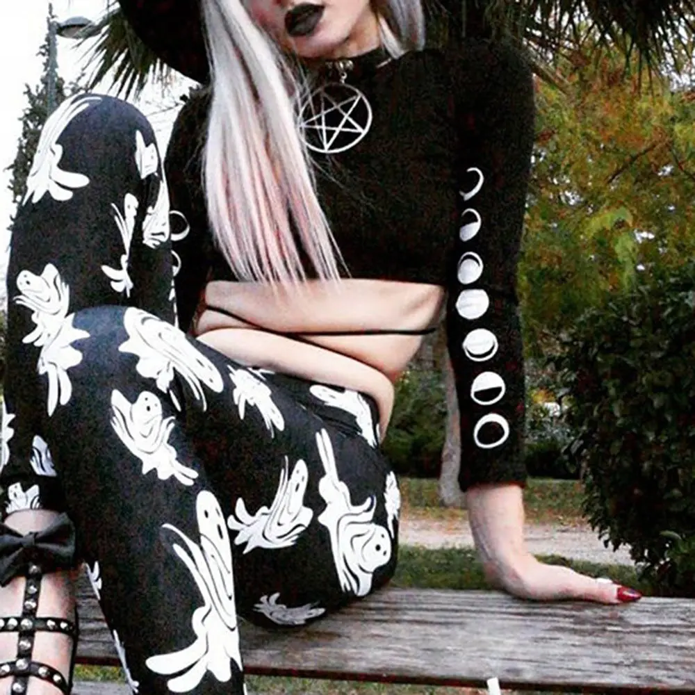 Rosetic Harajuku Goth Solid Black Crop T Shirt Short length Hollow Out Printed Moon Long Sleeve Top Tee Bandage Sexy Punk Street