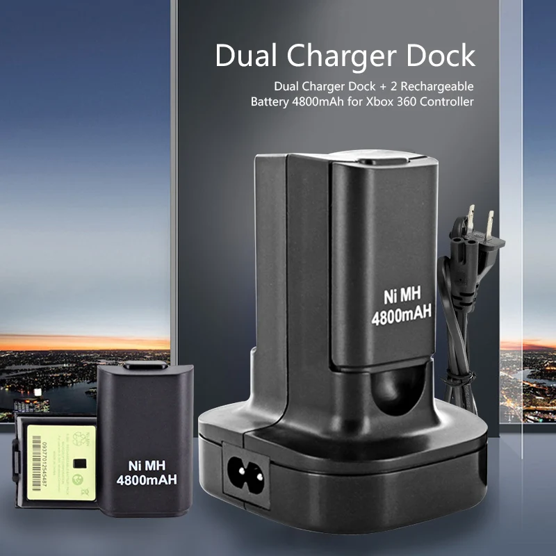

Dual Charger Dock Station + 2Pcs 4800mAh Rechargeable Battery LED Charging Light for Xbox 360 Controller