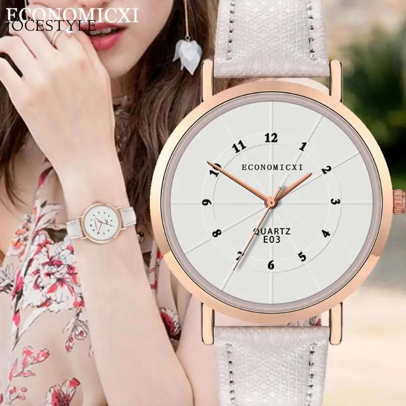 

ECONOMICXI Women Quartz Watches Denim Design Leather Strap Male Casual Wristwatch PU Leather Strap Temperament Wristwatches