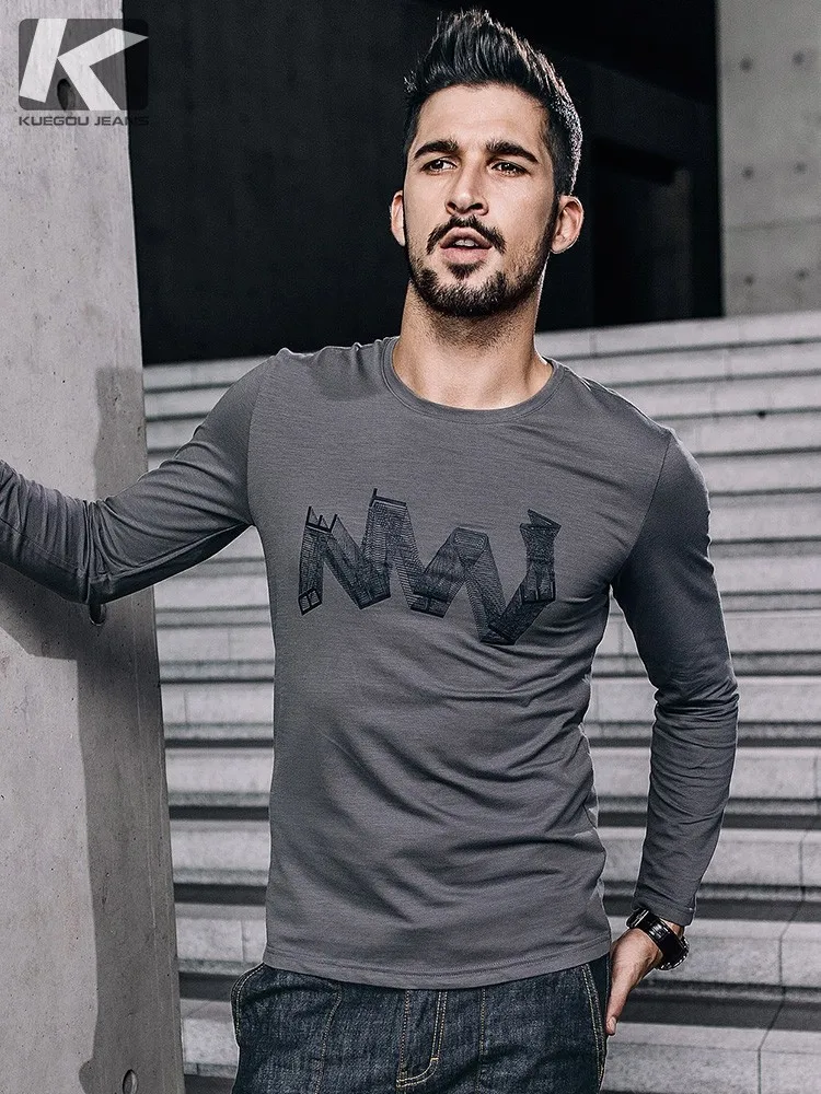 

KUEGOU New Autumn Mens Fashion T Shirts Print Gray Color Brand Clothing Man's Long Sleeve Slim Fit T-Shirts Male Tops Tees 0871