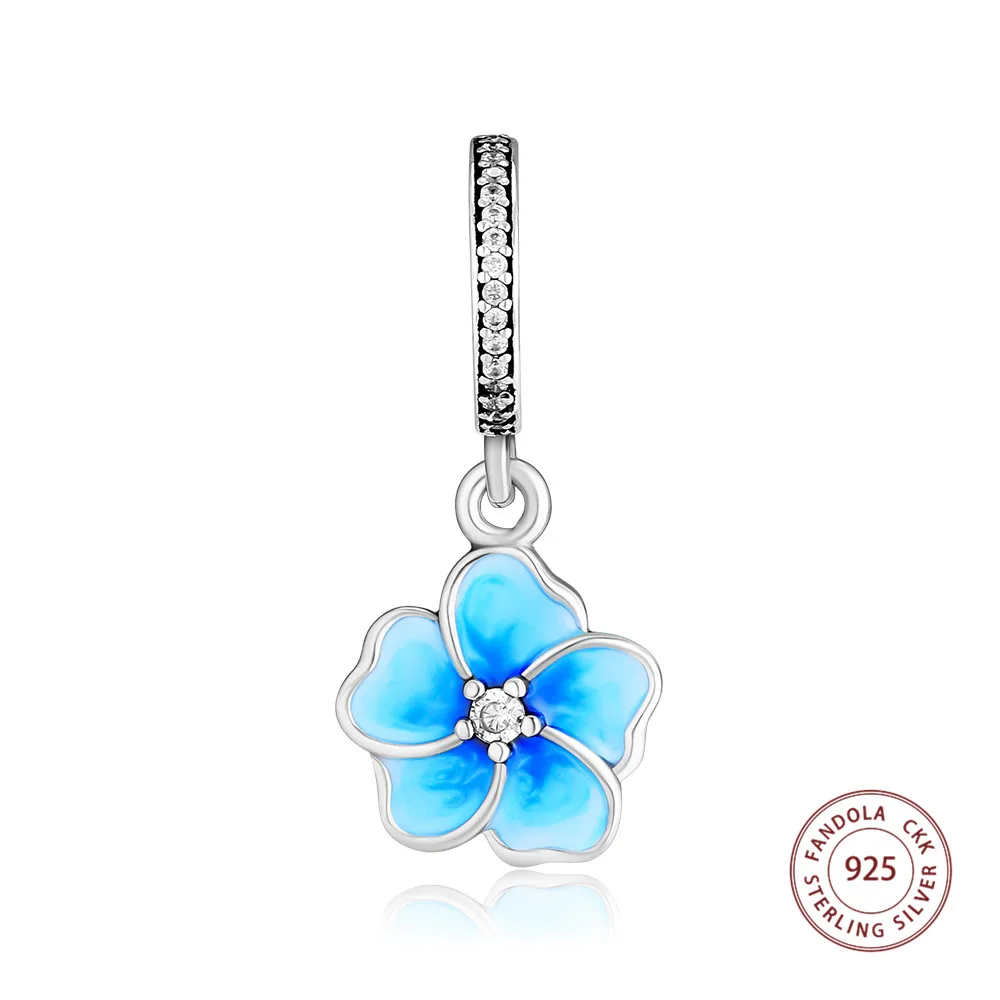 

CKK 925 Sterling Silver Blue Enamel Plumeria Blooms Dangle Charm Beads Fits Original Pandora Bracelet DIY Jewelry Making