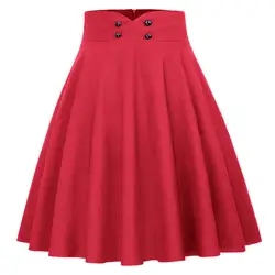 Для женщин сплошного цвета с кнопками Украшенные Высокая Талия flared-линии юбка современная мода Повседневное Для женщин юбка новые летние