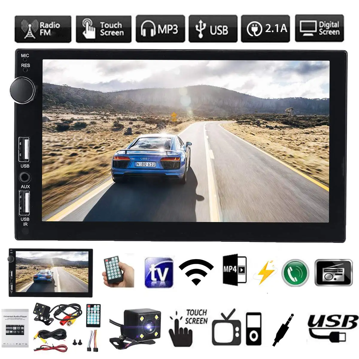 

7" Touchs Screen 2Din Car Radio Multimedia Player FM AUX MP5 Player bluetooth 2 USB 2.1A Charging + Car Rear Camera