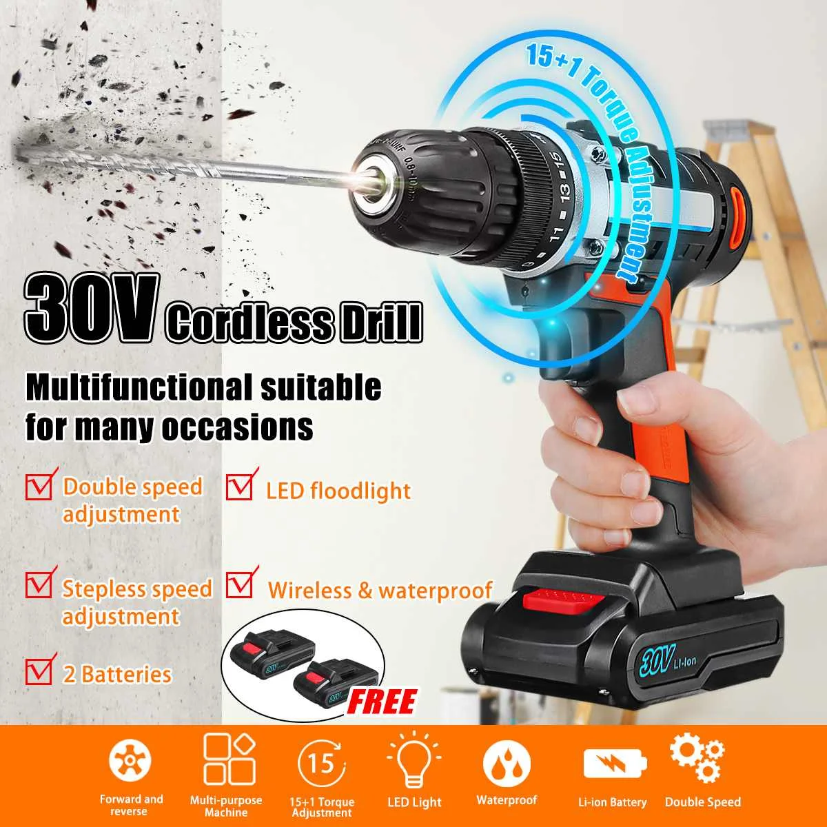 

21v-25v Cordless Rechargeable Power Drill Driver Electric Screwdriver + 2 Li-ion Batteries 3/8 Drill Chuck LED Light Multi-tool