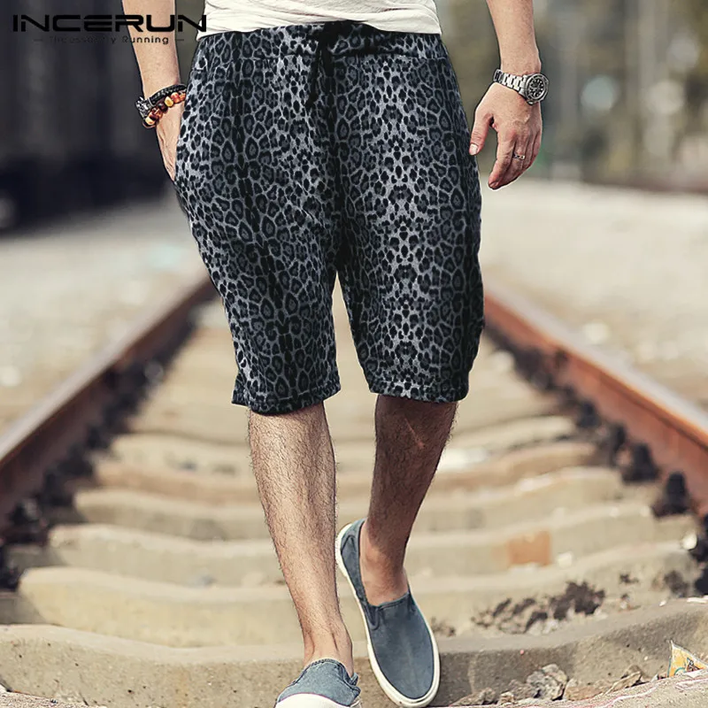 INCERUN Fashion Leopard Print Casual Shorts Men Drawstring Loose
