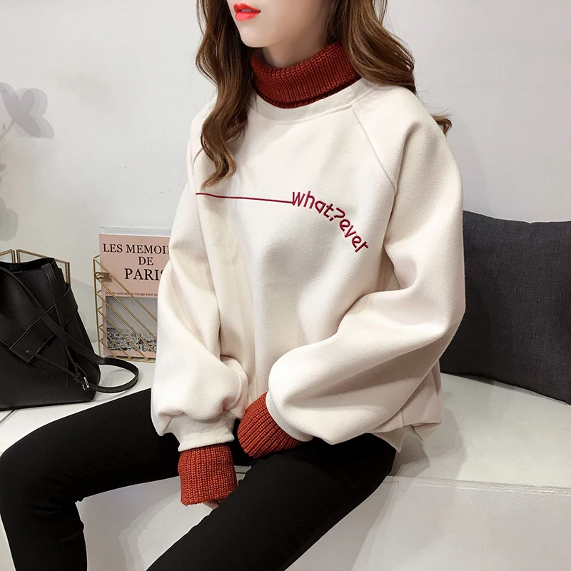 

Casual Chic Woolen Patchwork Sweatshirts Women Autumn Turtleneck Letter Embroidery Flase Two Pieces Hoodies Female Thick Tops