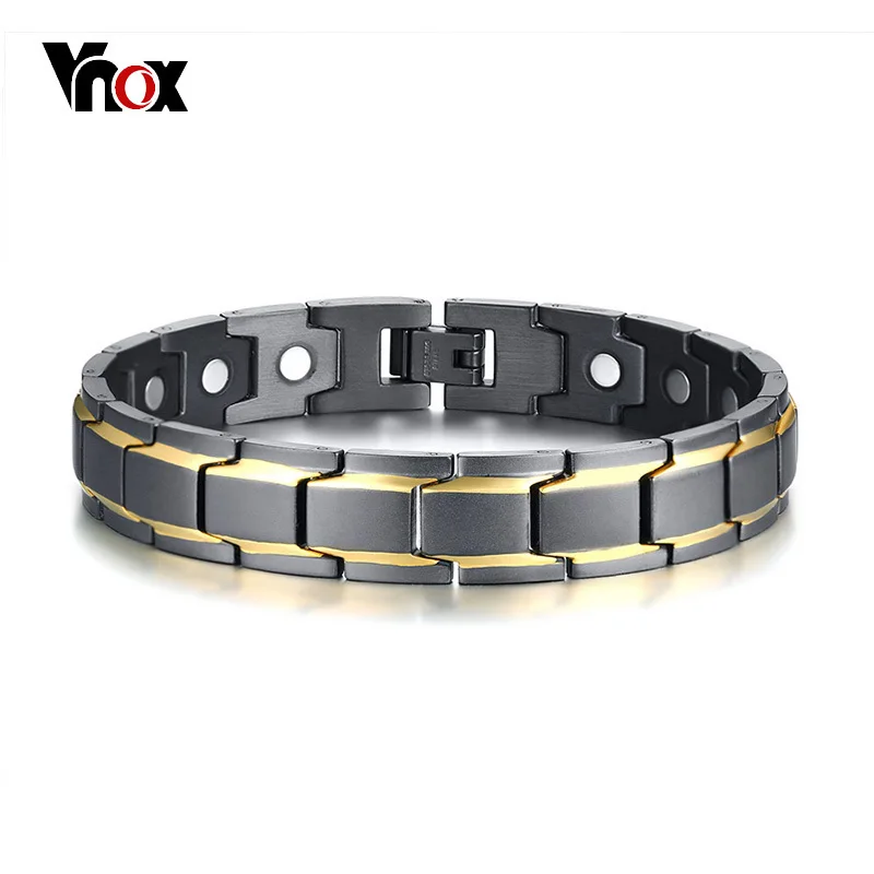 

Vnox 12mm Mens Magnetic Bracelets Stainless Steel Link Chain Black W/ Gold Lines Rose Color Therapy Energy Sporty Male Jewelry