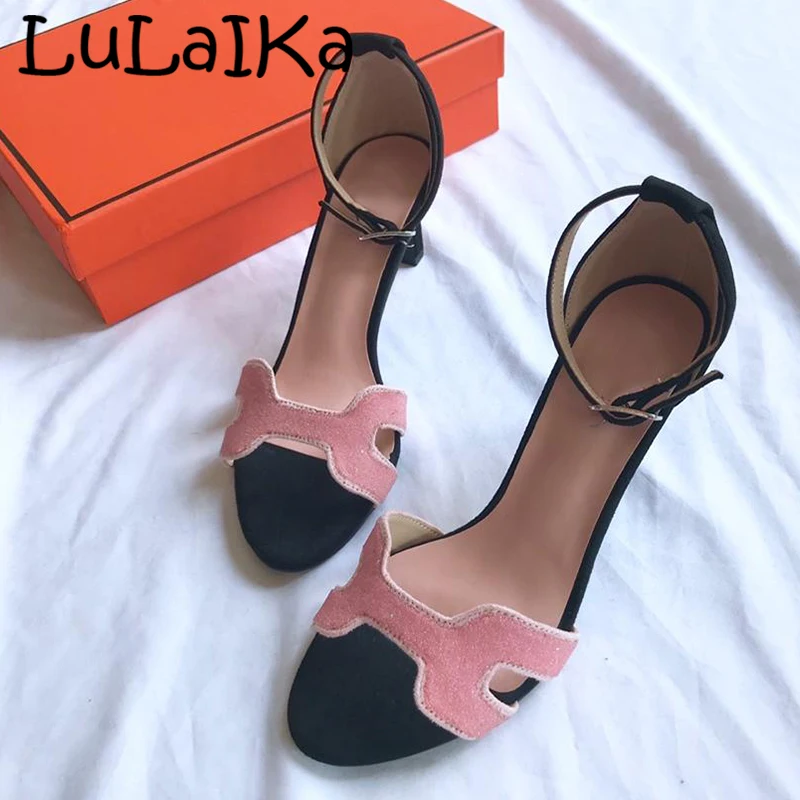 

2019 Fashion New Brand Spell Color High Heels Sexy Buckle Sequined Cloth Shining Thin Heel Shoes Elegant Woman Outdoor Sandals