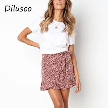 Dilusoo цветочный принт Короткие мини-юбки женские летние гофрированные Высокая талия с бантом галстук стандартная юбка женские тонкие низ Saias