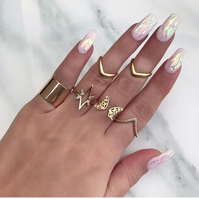 

6 Pcs/ Set Fashion Star Butterfly V Shaped Geometric Gold Joint Ring Women Personality Party Ring Set wholesale