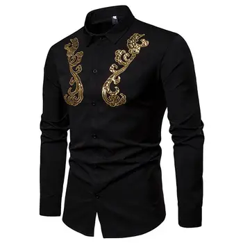 

Long sleeve Shirt Camisa masculina Blouse Wedding Dress Shirt Men Golden Flower design Unique Mens White Black 2019 New