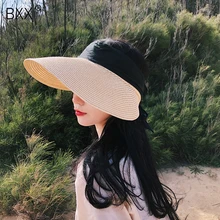 [BXX] новая летняя женская круглая плетеная бандажная простая темпераментная шляпа с бантом, женская модная универсальная шапка 10A052