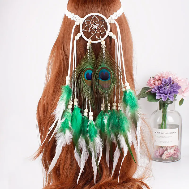 

Bohemian dreamcatcher feather hair band exotic headdress hair rope travel photo hair accessories