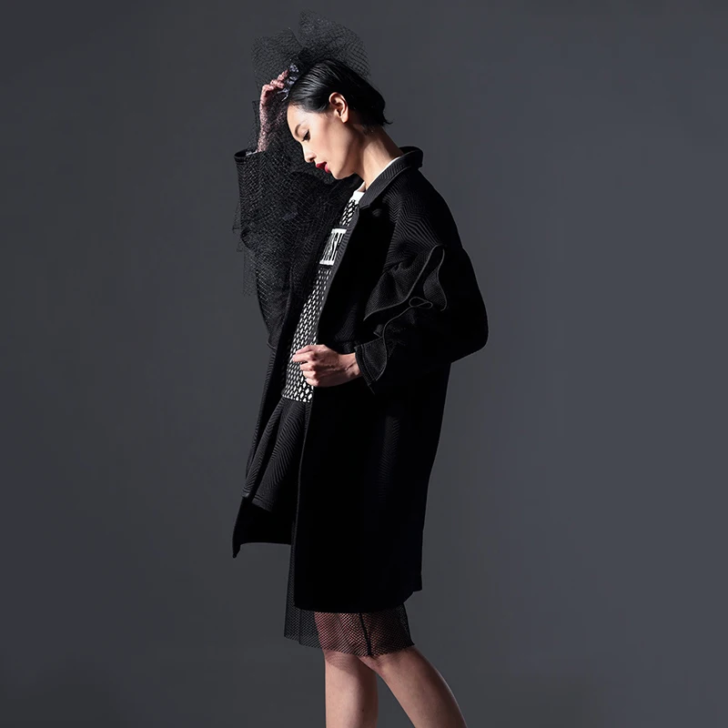 Outwear Manteau 2019 Coupe Black Ruche Col Unie Hiver De Deat down Lâche Couleur Femmes Turn Az44 Rétro Sur Mesure Made Printemps vent 1wqZH8