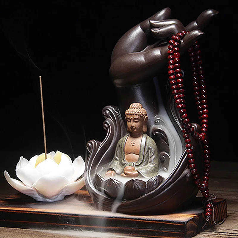 

Water Lily Ceramic Buddha Incense Burner Holder Buddhist Backflow Censer Home Office Teahouse Home Decor + 10pcs Cone Incenses