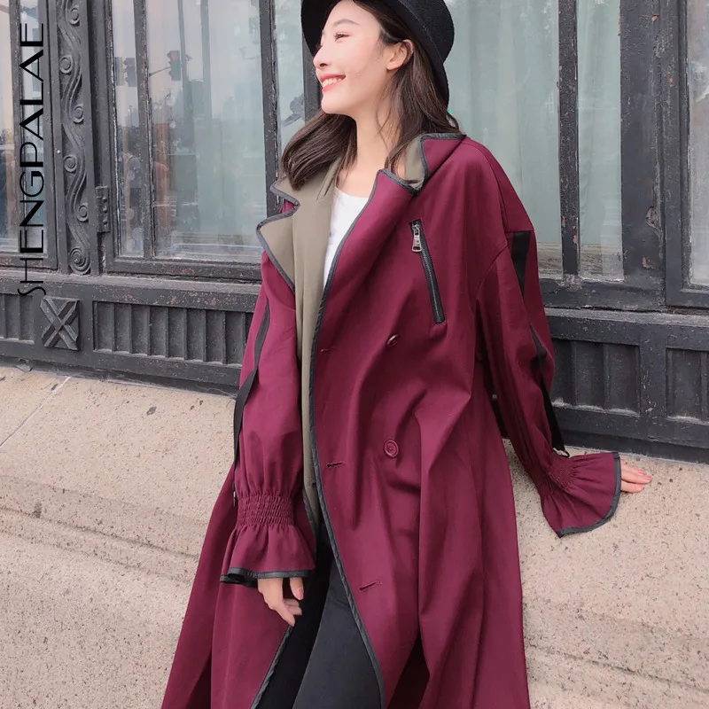 

SHENGPALAE 2019 Winter Flare Casual Double Breasted Turn-down Sleeve Vintage Wide-waisted Loose Big Size Coat Women OA597