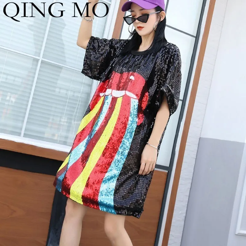 

QING MO Striped Printed Dress Women Black Sequin Dress Loose Short Sleeve Dress Summer Hip-Hop Knee Length Tops ZLDM042
