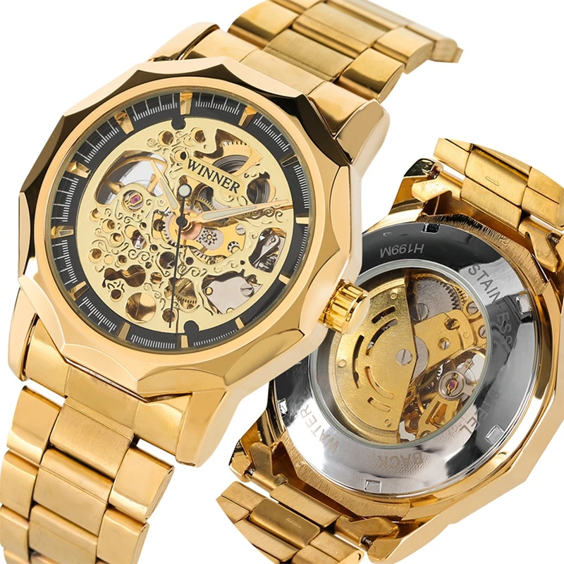 WINNER Luxury Gold Bezel Watch Skeleton Mechanical Watches Top Brand Luxury Men s Clock Men Automatic 3